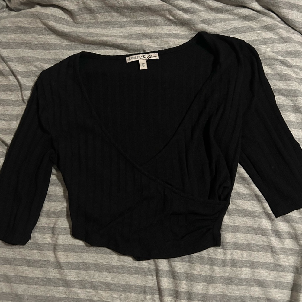 Express Black Ribbed Wrap Blouse - image 1